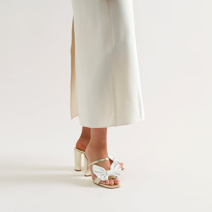 MARTINA PALE GOLD MULE SANDAL WHITE BUTTERFLY BOW