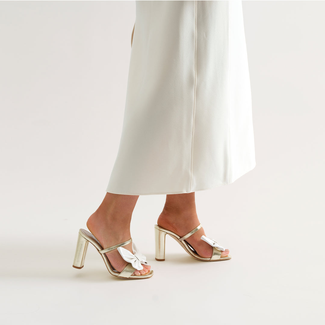 MARTINA PALE GOLD MULE SANDAL WHITE BUTTERFLY BOW