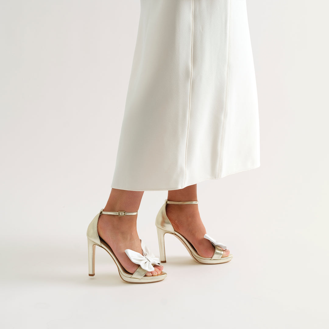 VICTORIA GOLD PLATFORM SANDAL WHITE BUTTERFLY BOW